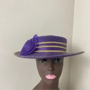 Derby Style Purple Sparkly Metallic Gold Trim Women Church Hat with Bow Accessories | Derby Style Purple Sparkly Metallic Gold Trim  main image 2